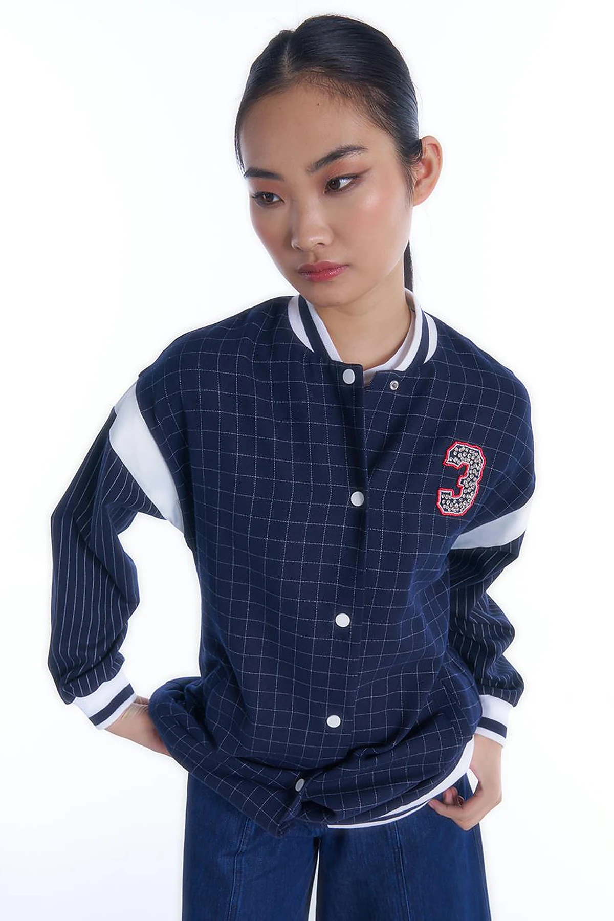 College Collar Snap Closure Jacket Navy Blue