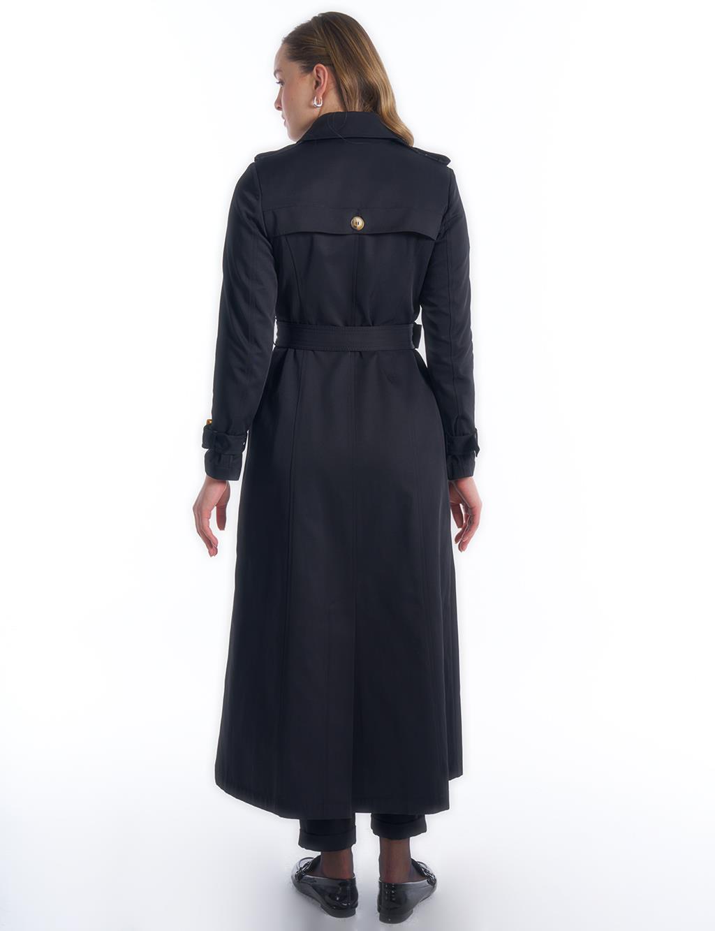 Epaulette Detailed Belted Top Coat Black