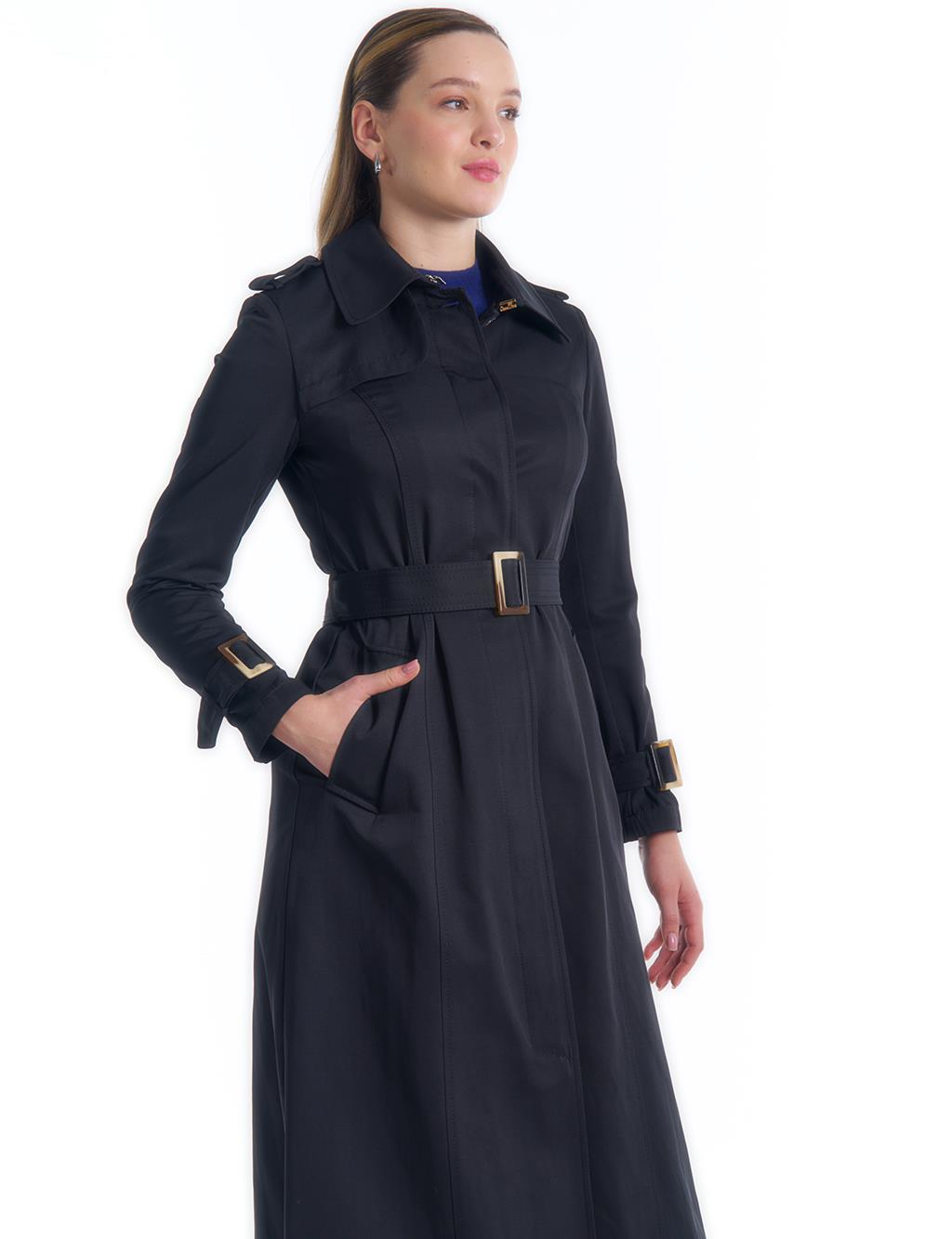Epaulette Detailed Belted Top Coat Black