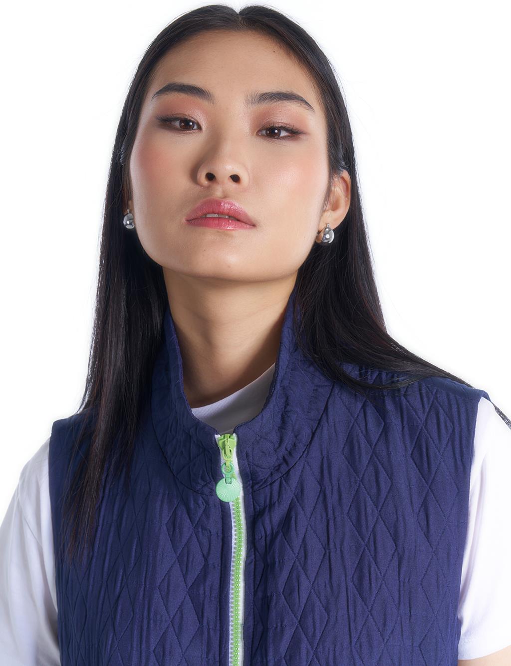 Zipper Detailed Quilted Vest Navy Blue