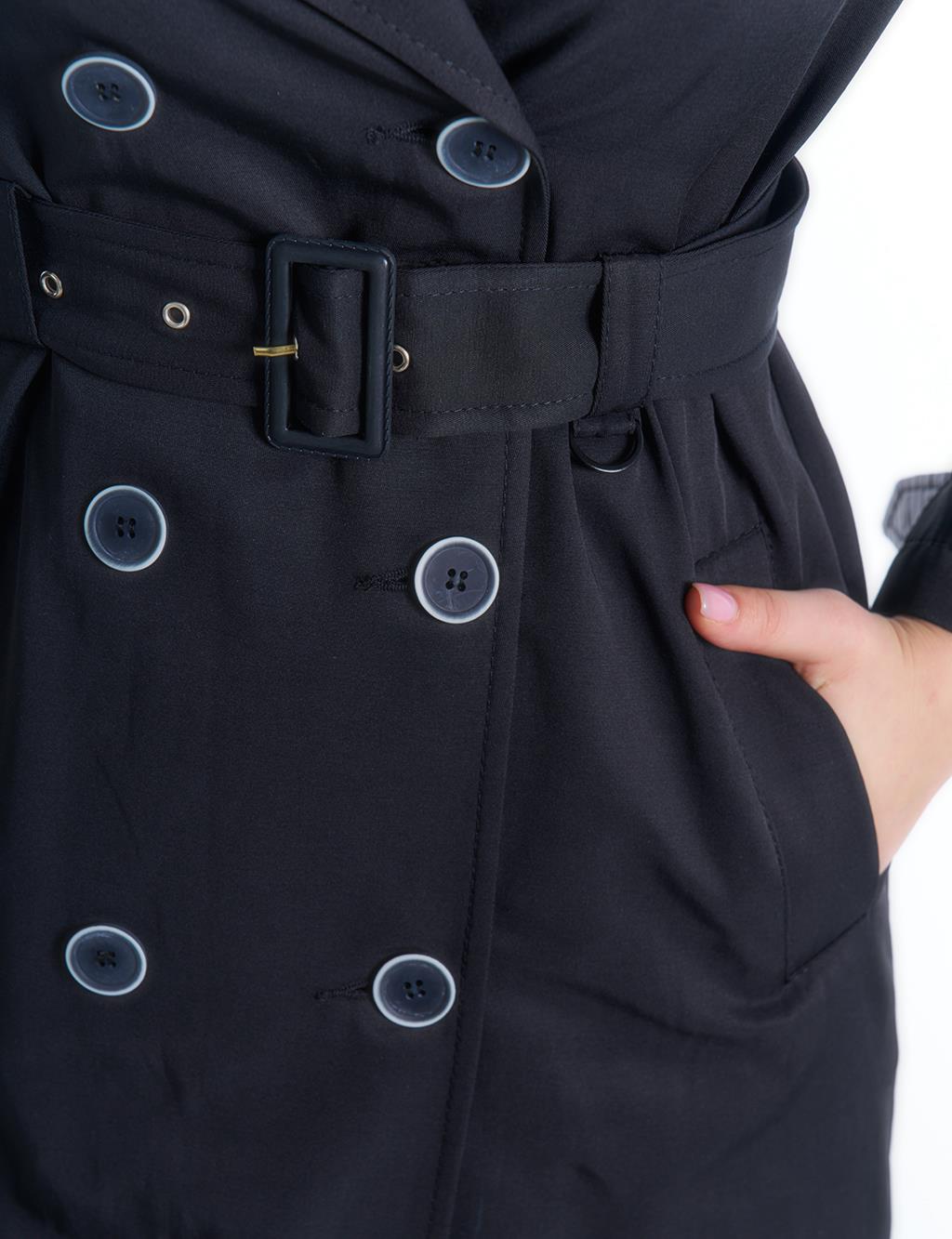 Epaulette Detailed Belted Trench Coat Black