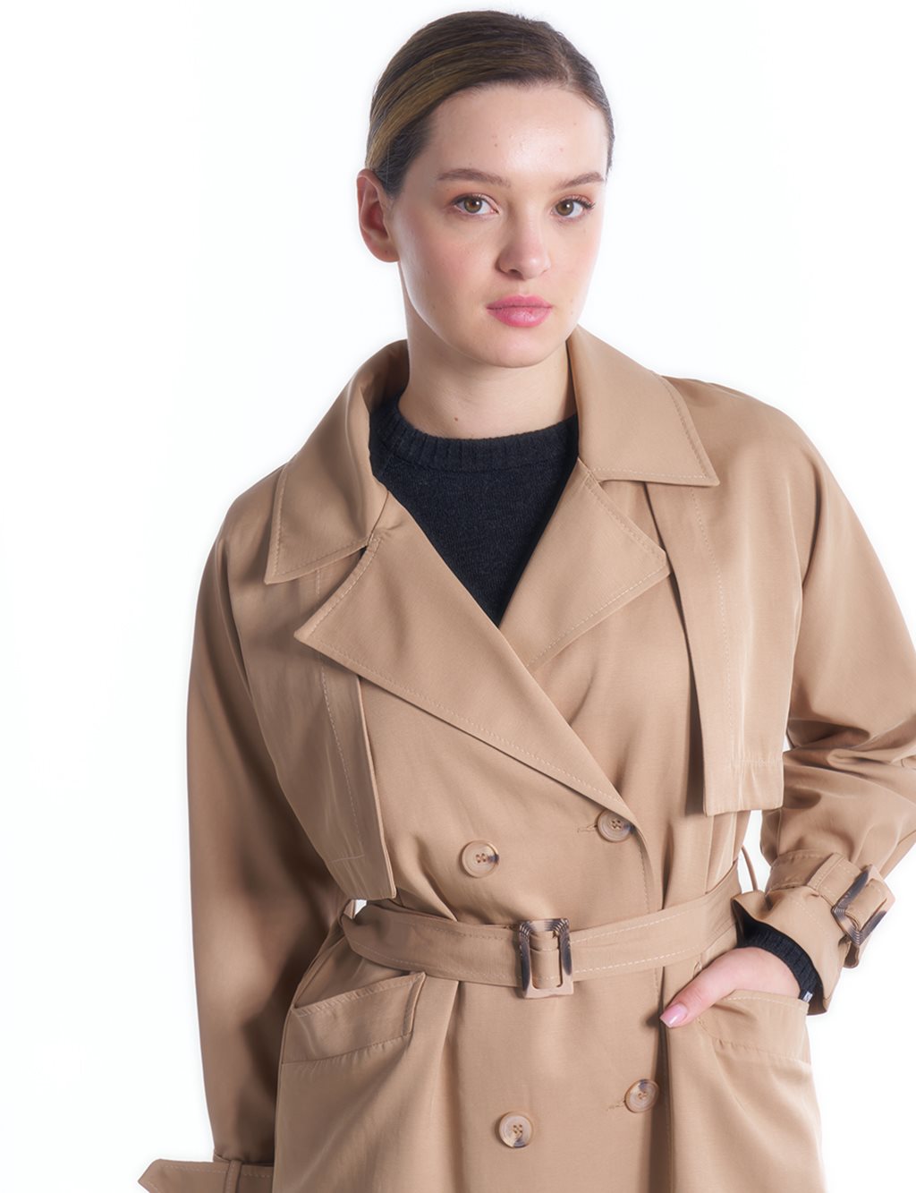 Double Breasted Collar Belt Detailed Trench Coat Beige