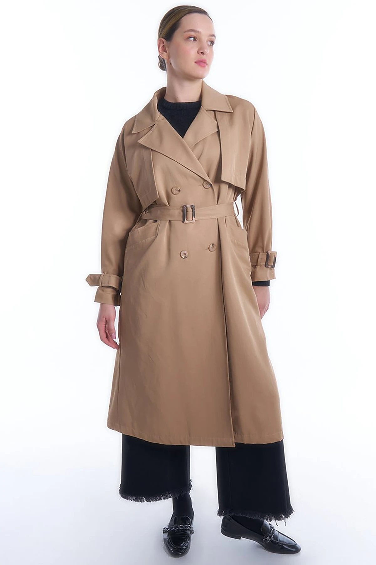 Double-Breasted Collar Belted Trench Coat in Beige