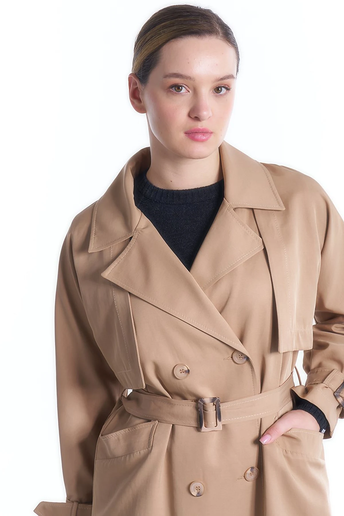 Double-Breasted Collar Belted Trench Coat in Beige