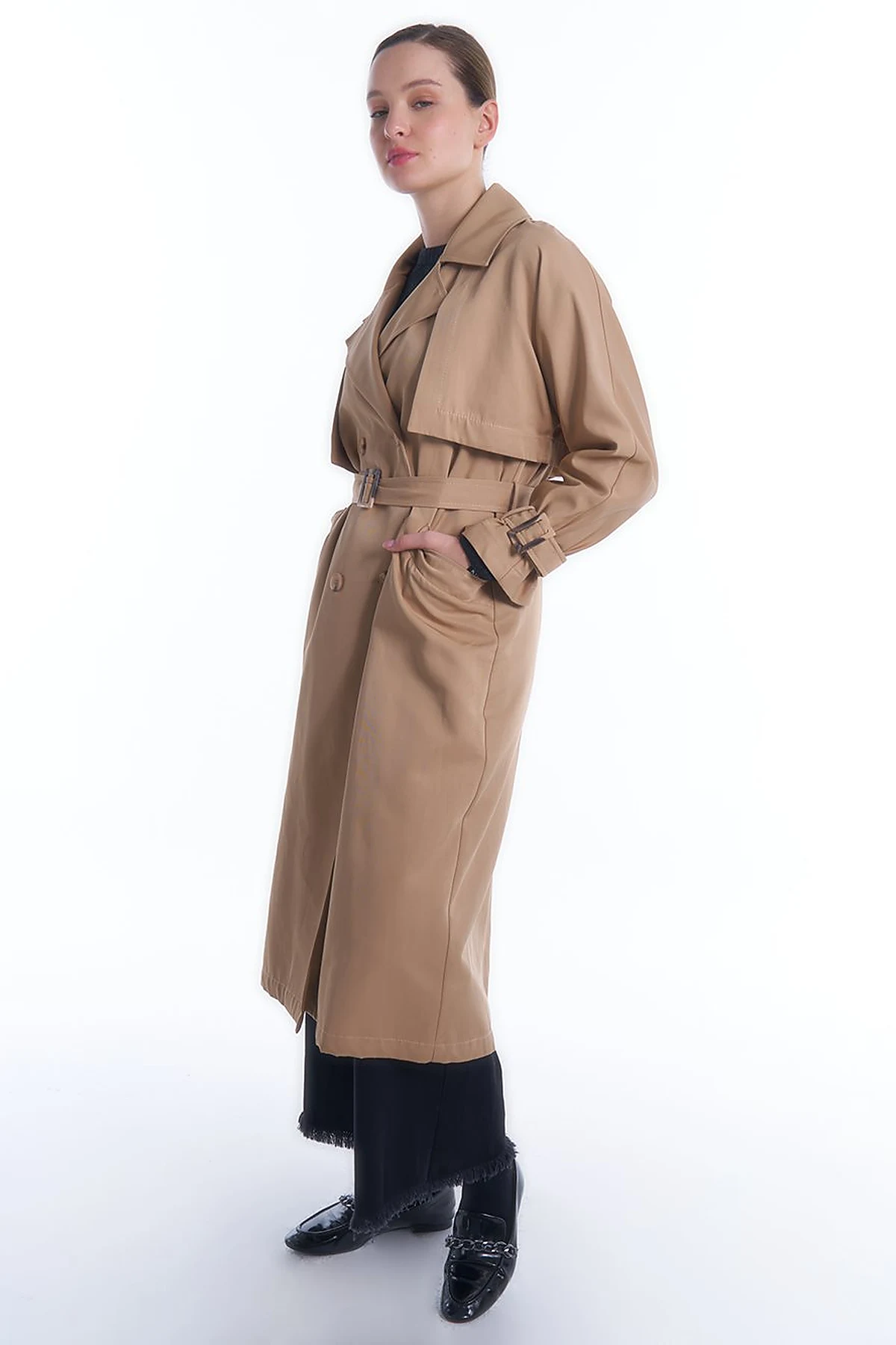 Double-Breasted Collar Belted Trench Coat in Beige