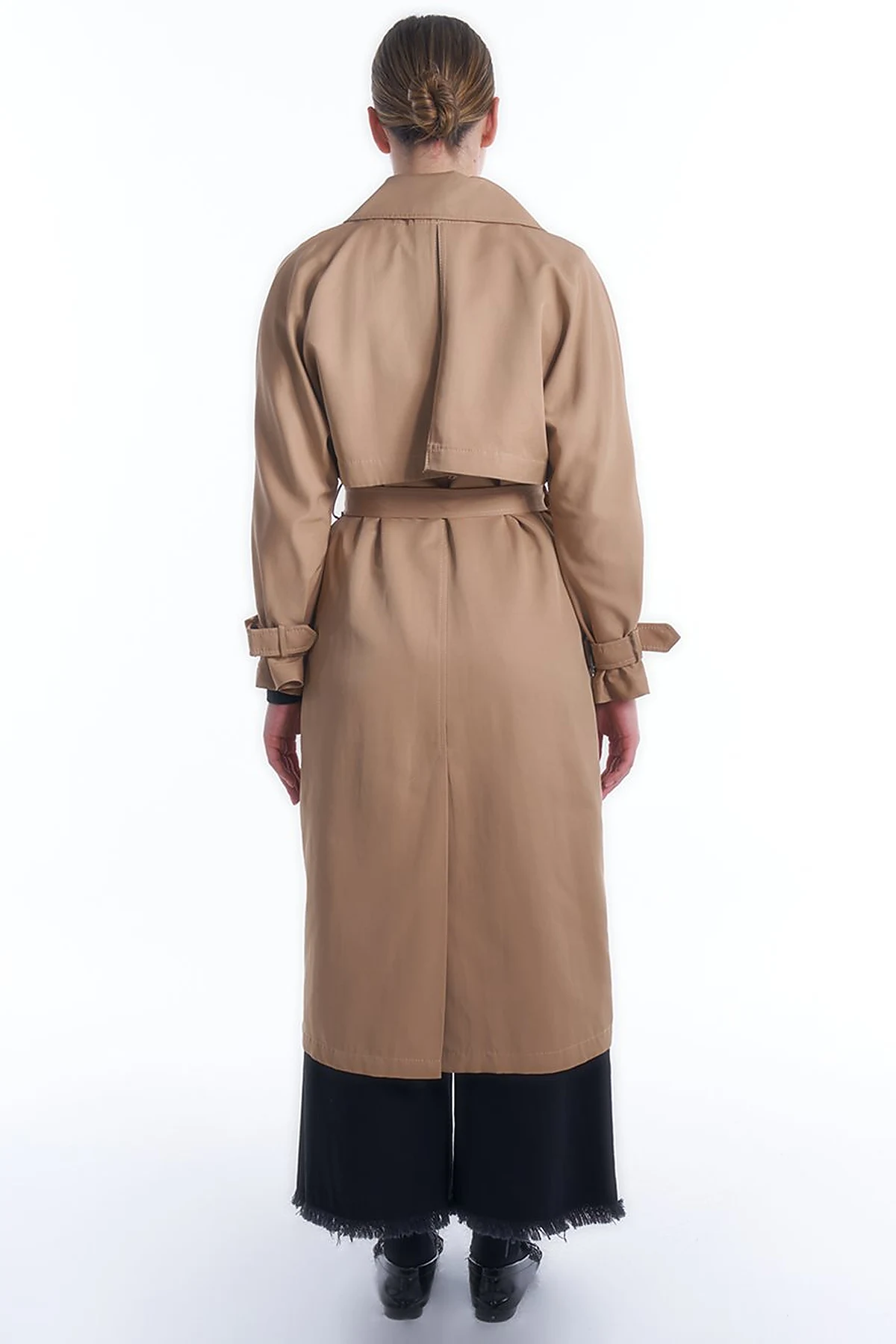 Double-Breasted Collar Belted Trench Coat in Beige