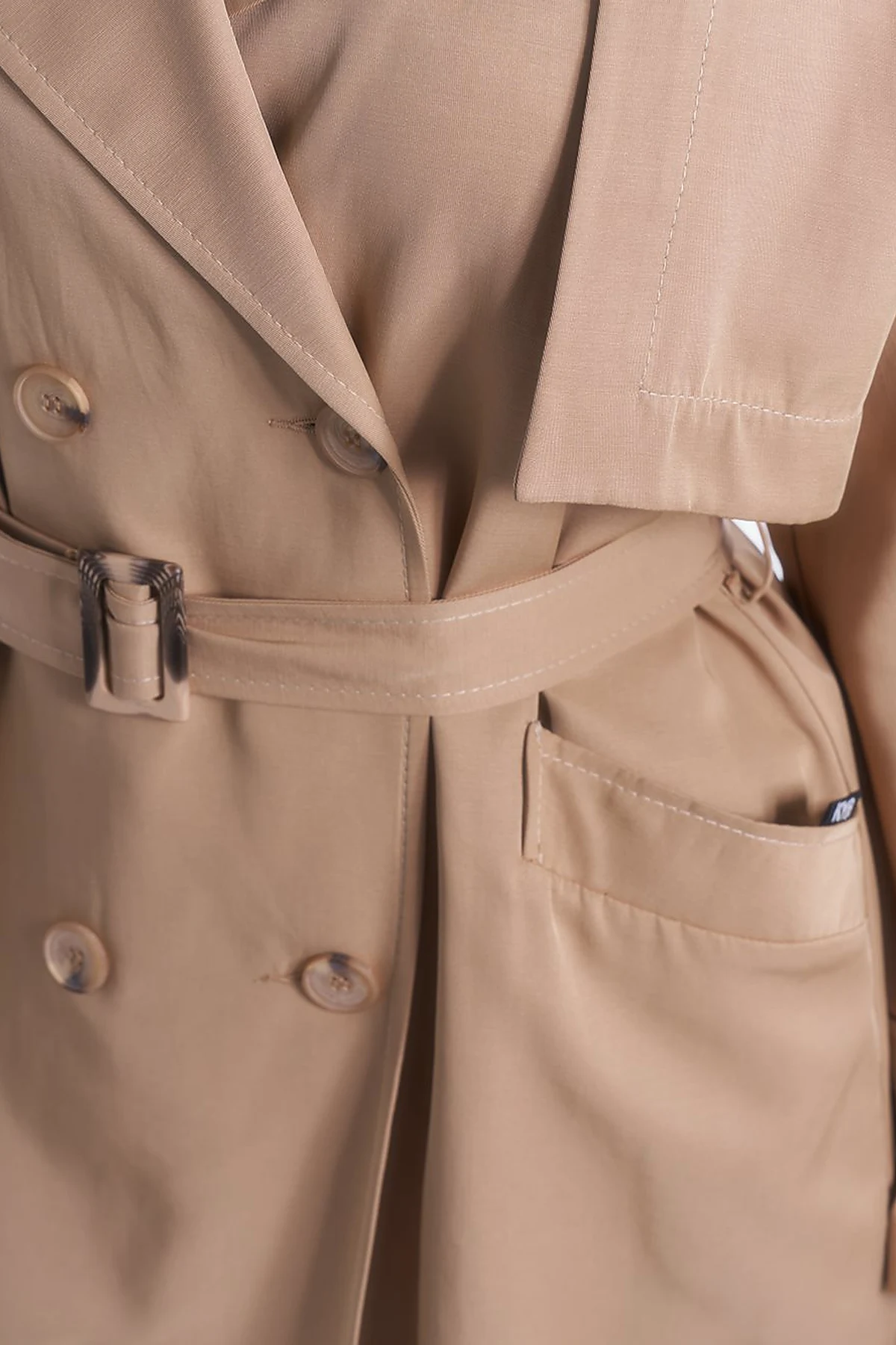 Double-Breasted Collar Belted Trench Coat in Beige