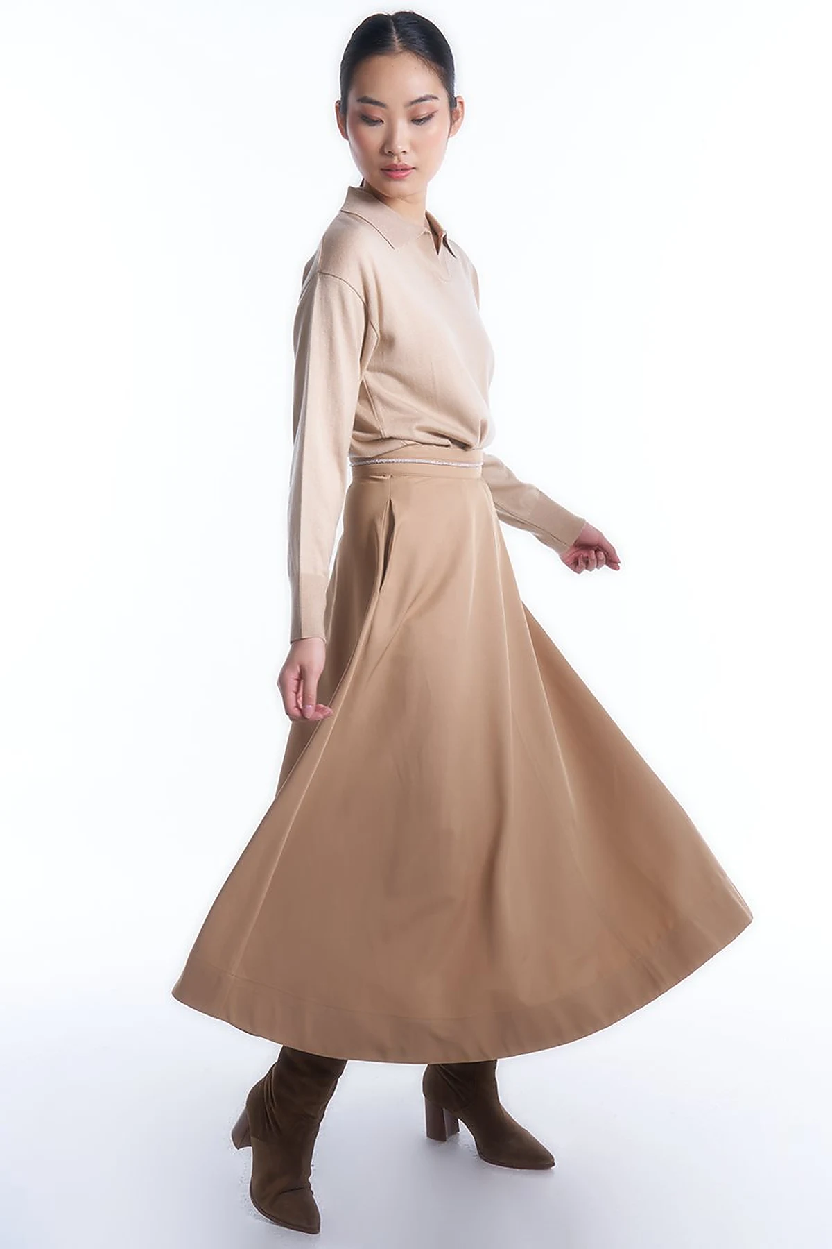 High Waist Flared Skirt Beige