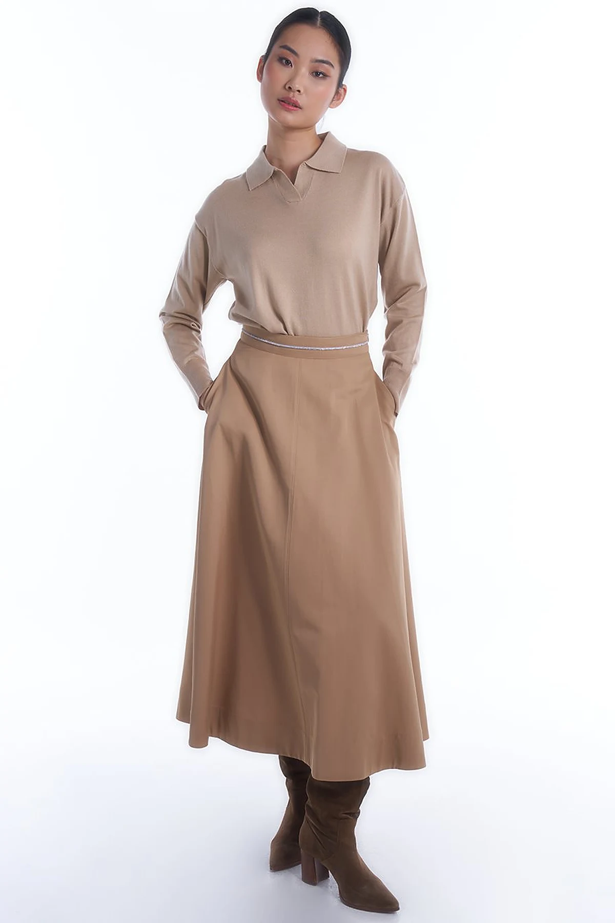 High Waist Flared Skirt Beige