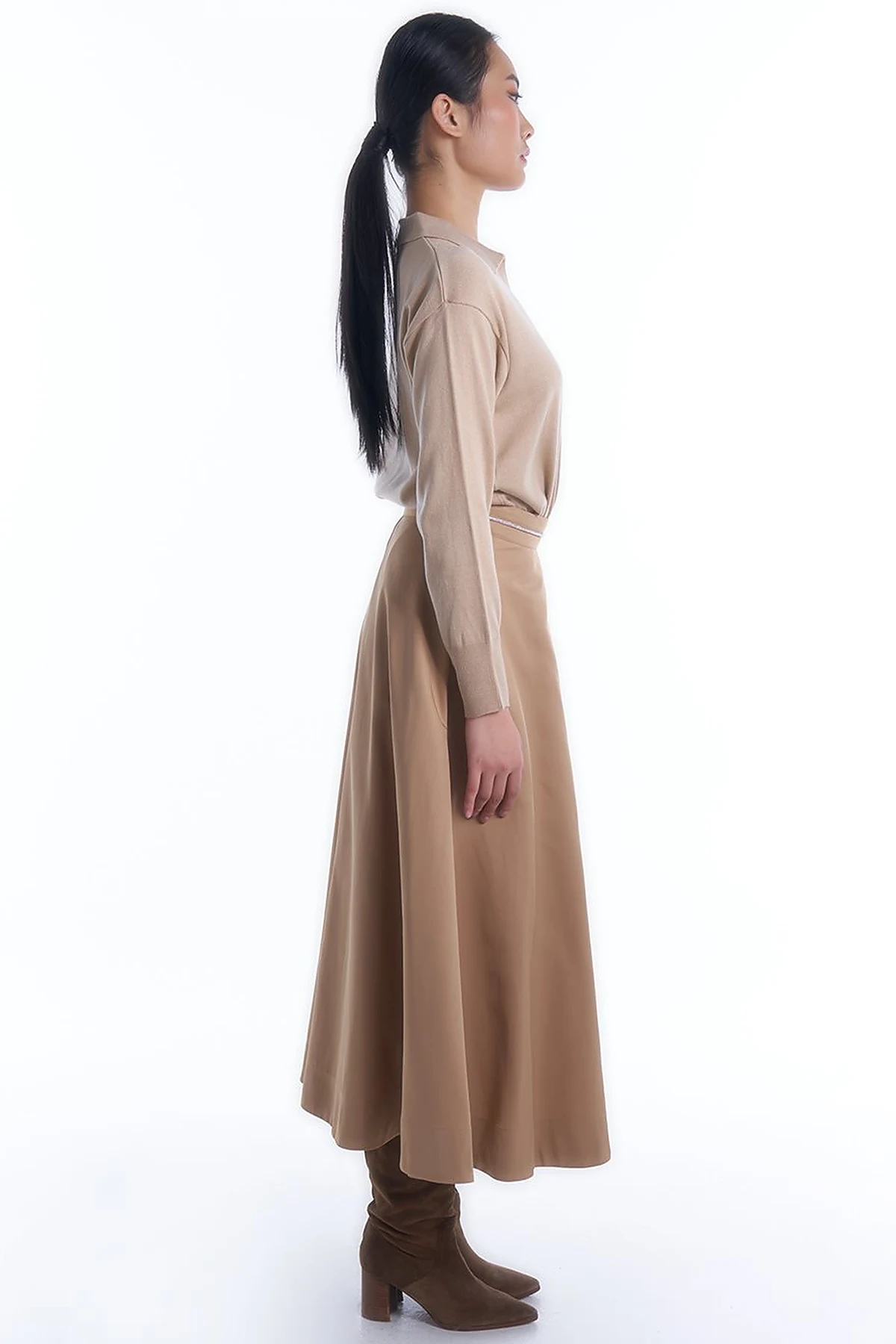 High Waist Flared Skirt Beige