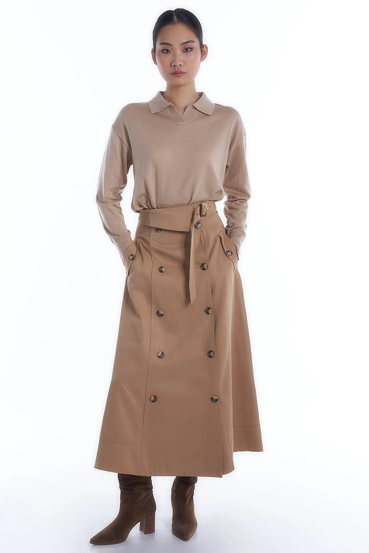 Buckled Flared Skirt Beige