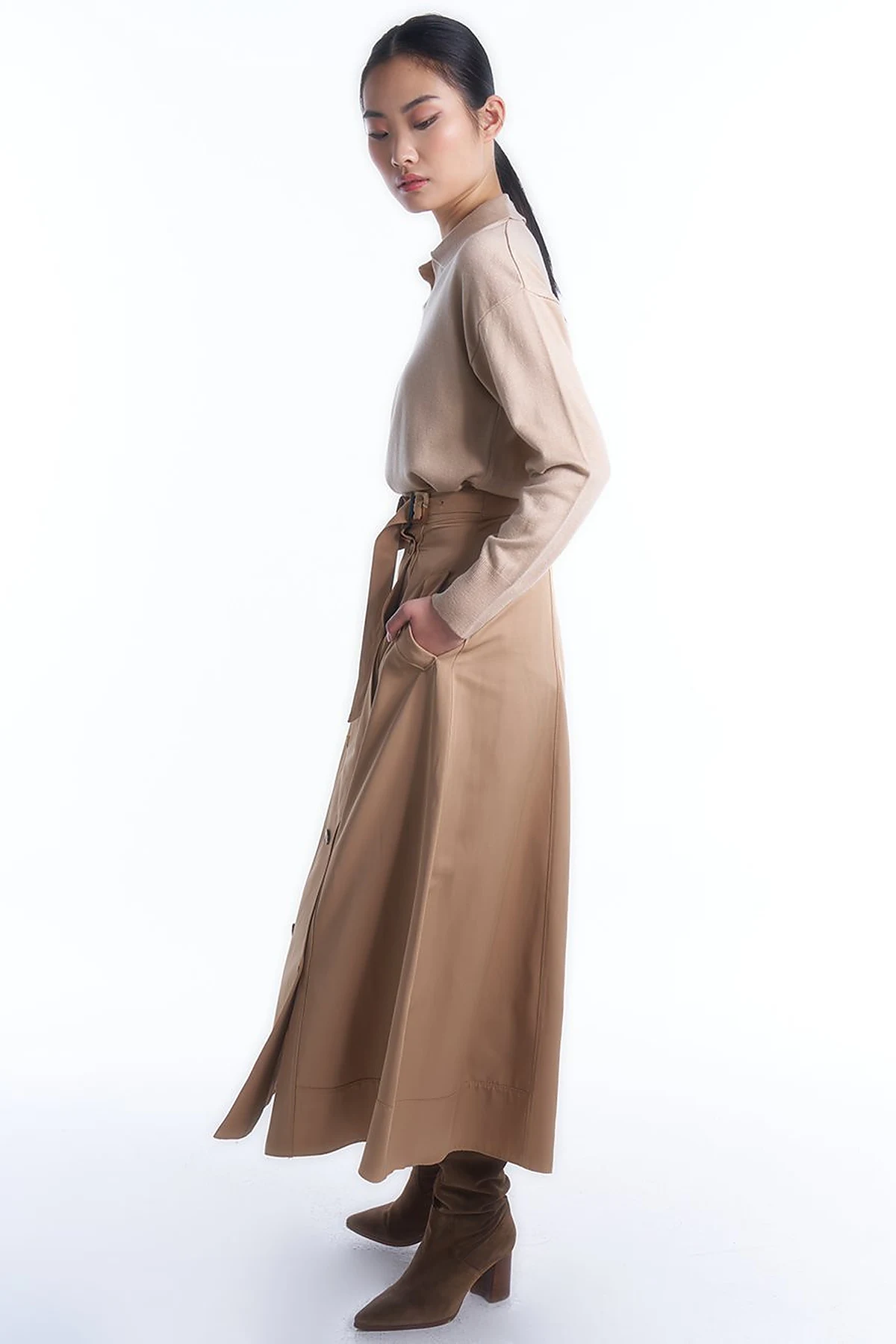 Buckled Flared Skirt Beige