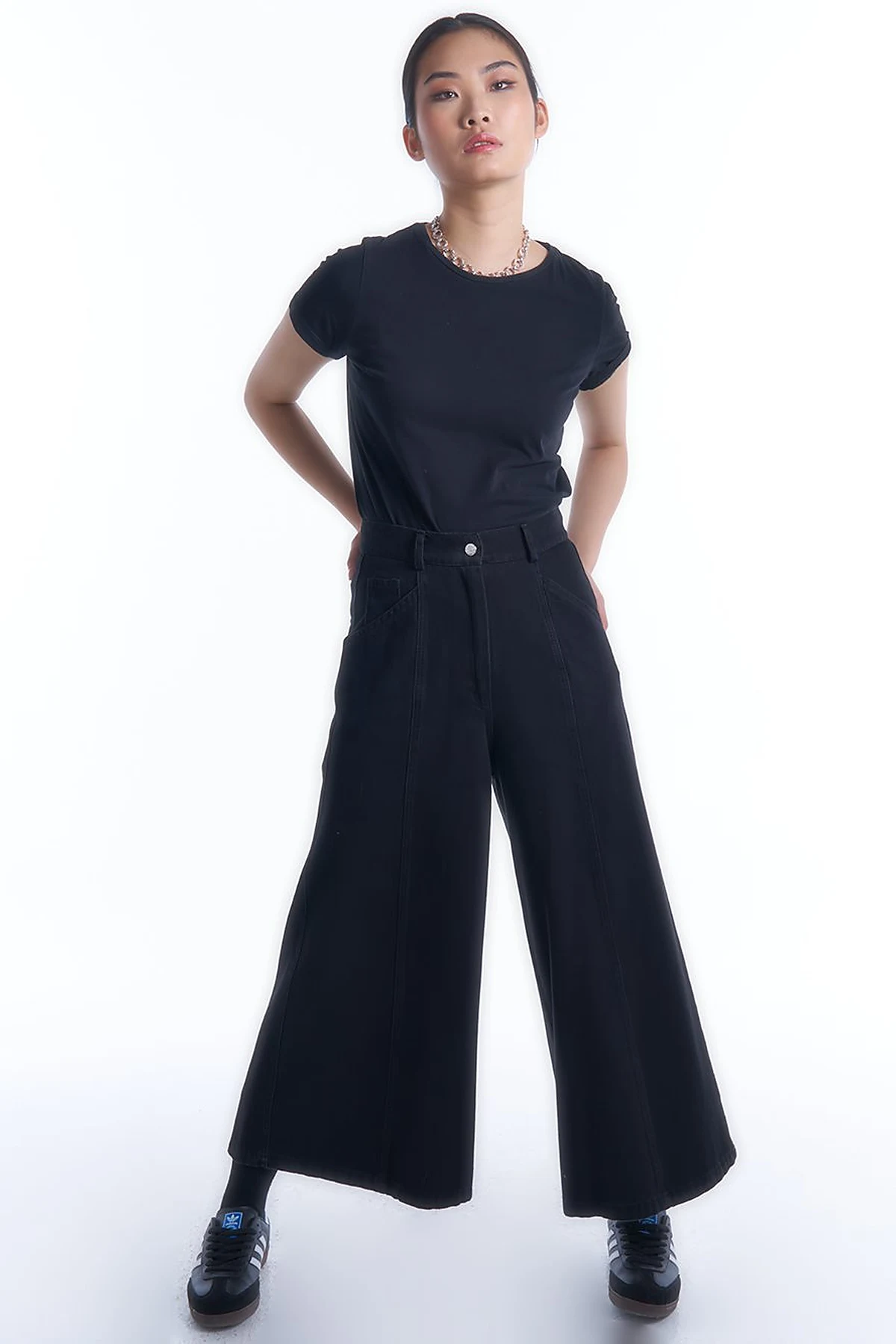 Beli Lastikli Denim Etek Pantolon Optik Siyah