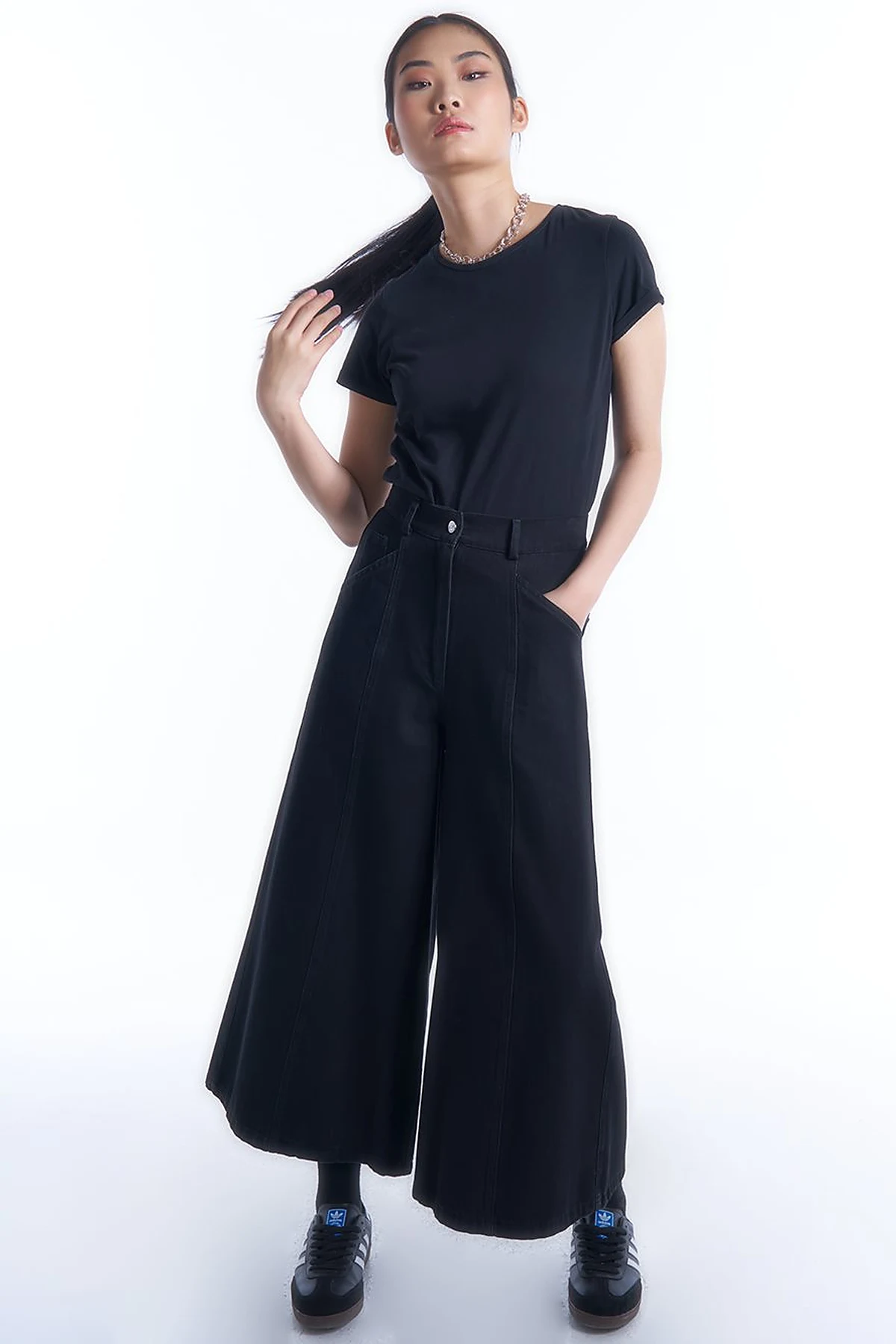 Beli Lastikli Denim Etek Pantolon Optik Siyah