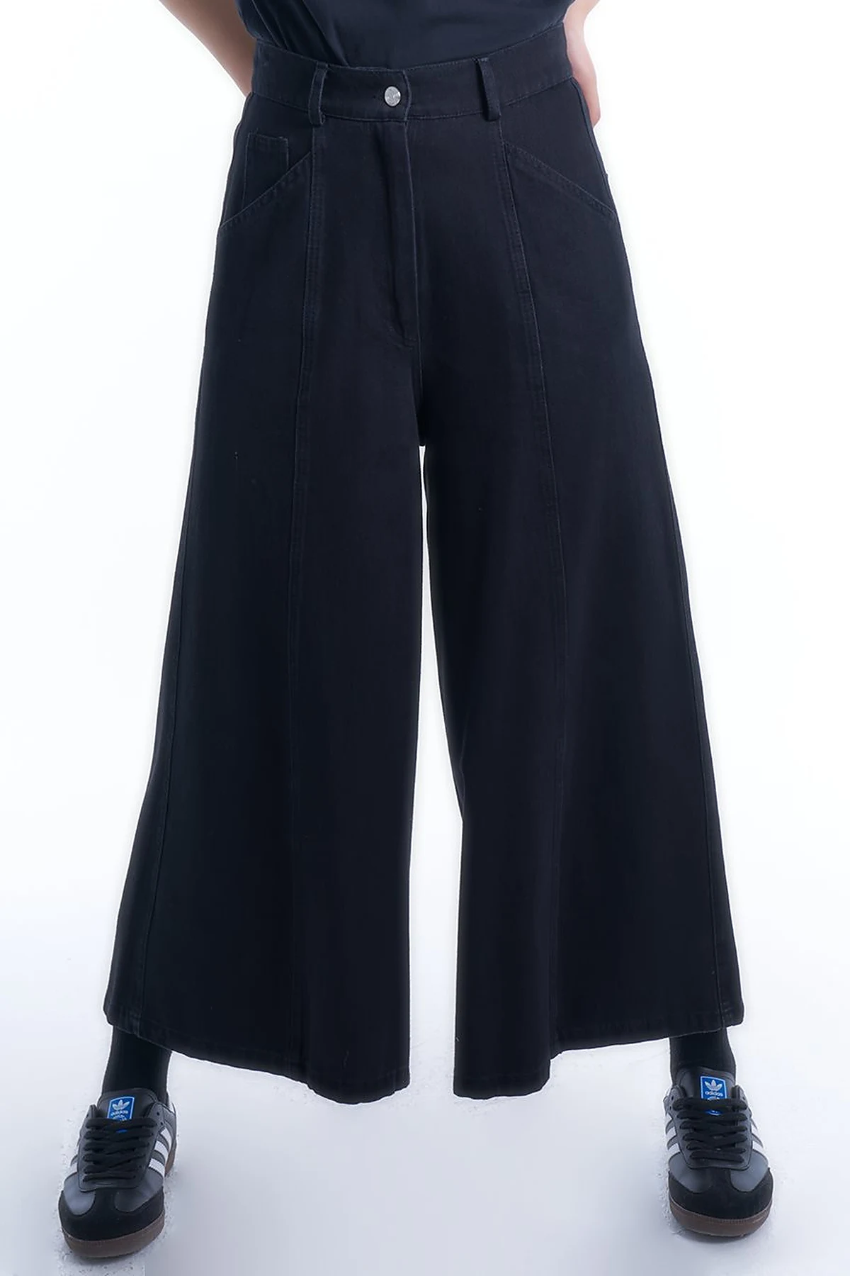 Beli Lastikli Denim Etek Pantolon Optik Siyah