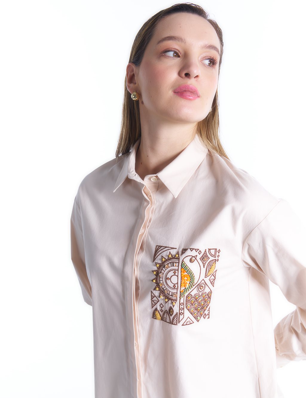 Etnik Desen Tunik Koyu Krem