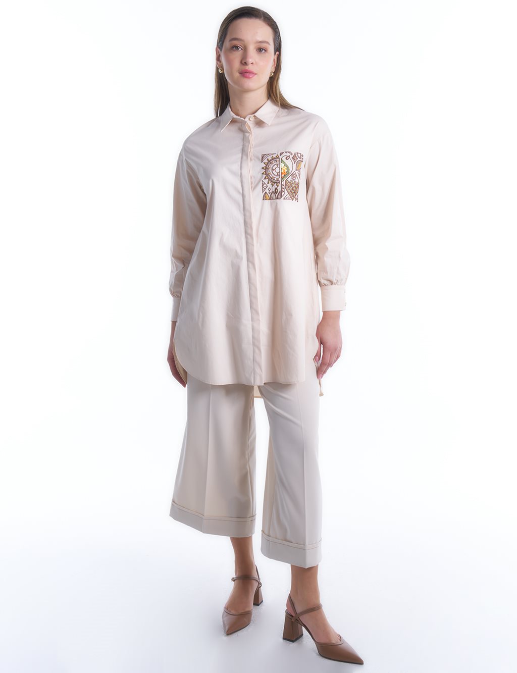 Etnik Desen Tunik Koyu Krem