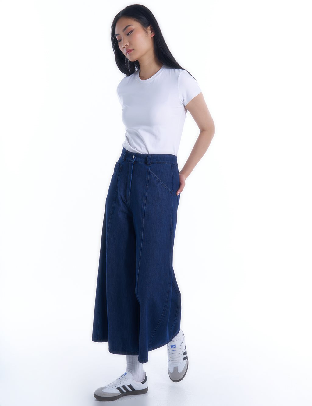 Elastic Waist Denim Skirt Trousers Optical Navy Blue