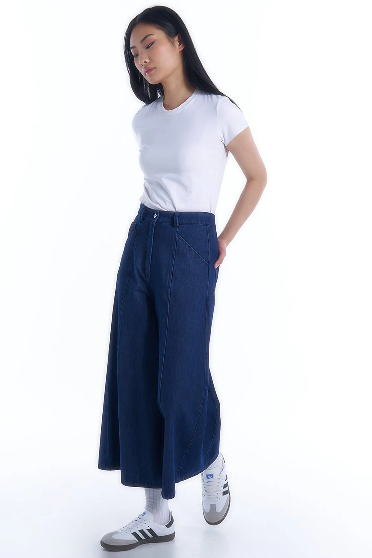 Beli Lastikli Denim Etek Pantolon Optik Lacivert