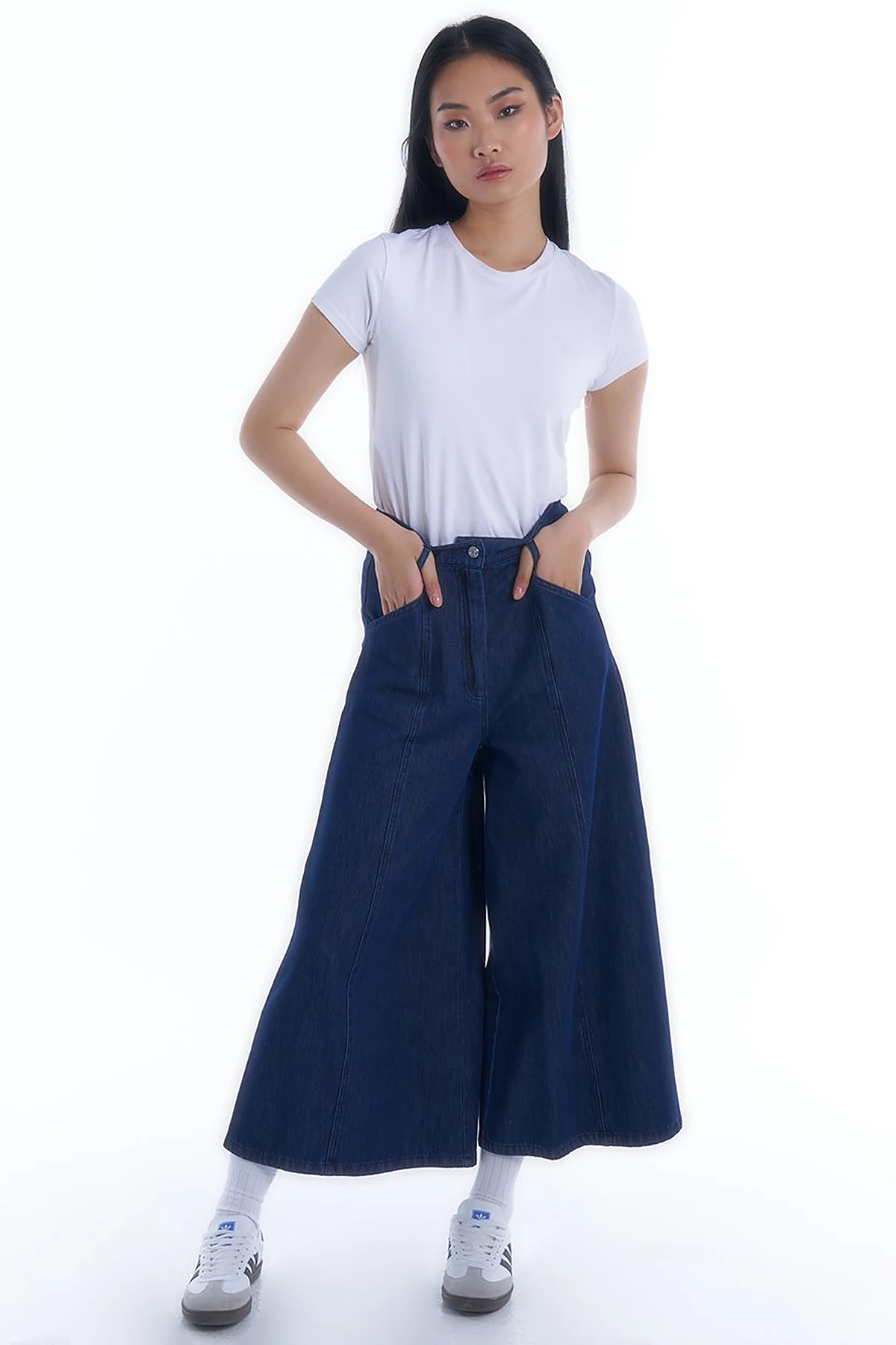 Beli Lastikli Denim Etek Pantolon Optik Lacivert