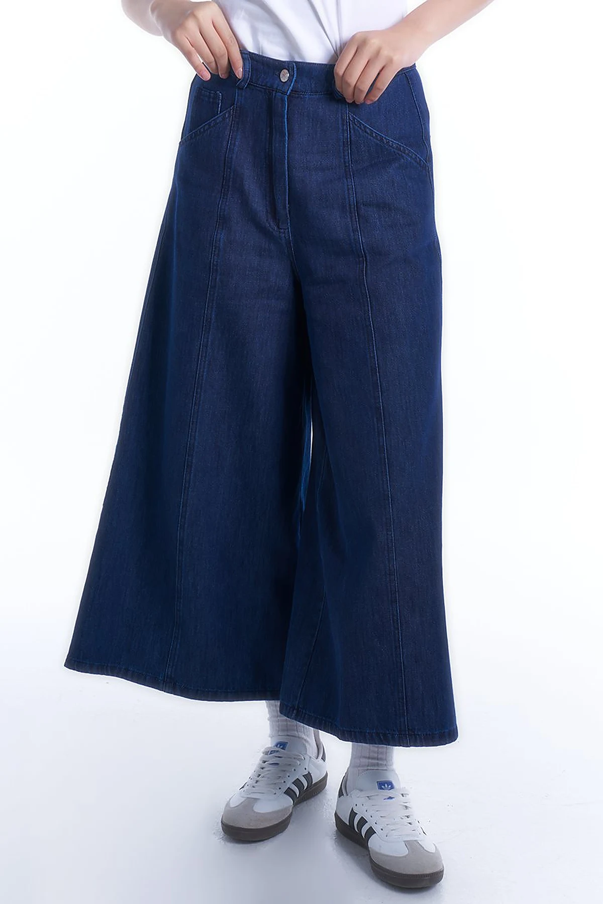 Beli Lastikli Denim Etek Pantolon Optik Lacivert