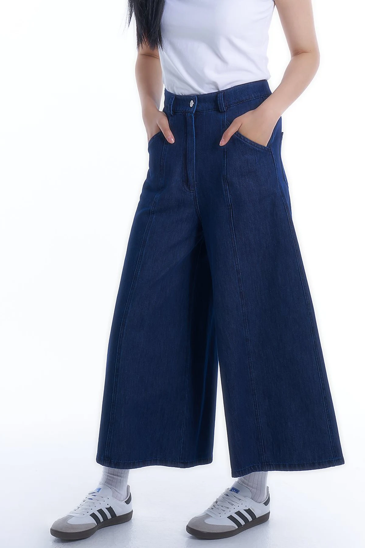 Beli Lastikli Denim Etek Pantolon Optik Lacivert