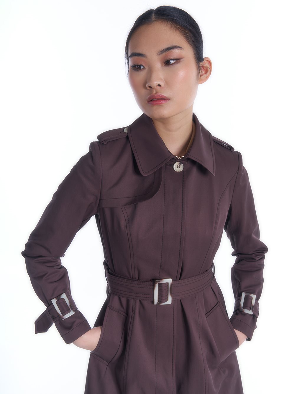 Epaulette Detailed Belted Top Coat Dark Brown