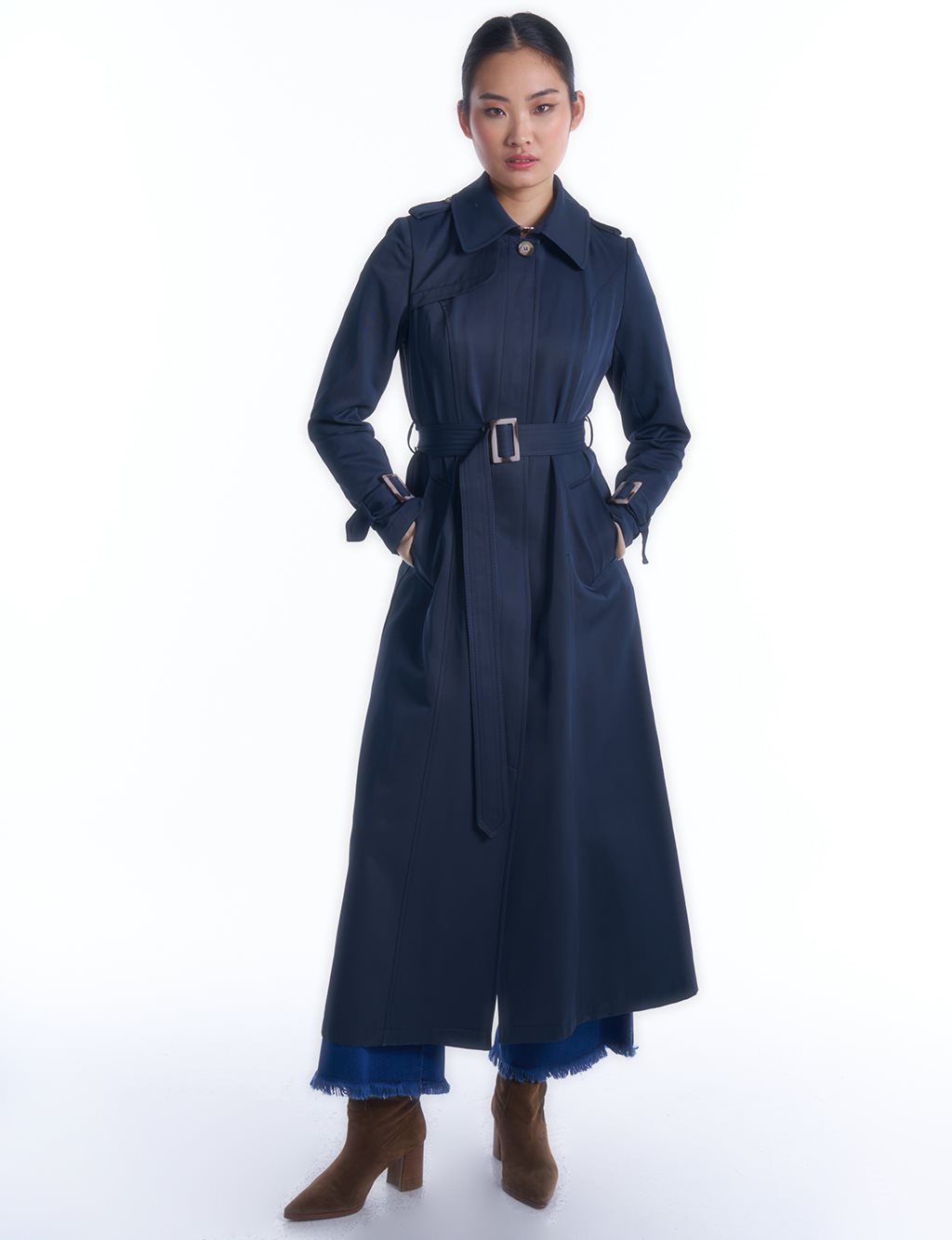 Epaulette Detailed Belted Top Coat Dark Navy Blue
