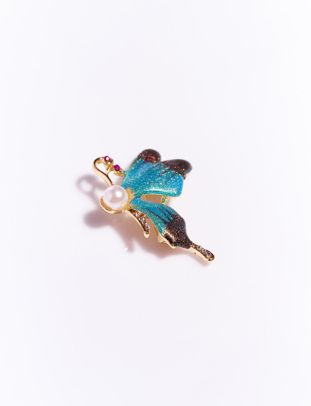 Pearl Detailed Butterfly Brooch Blue