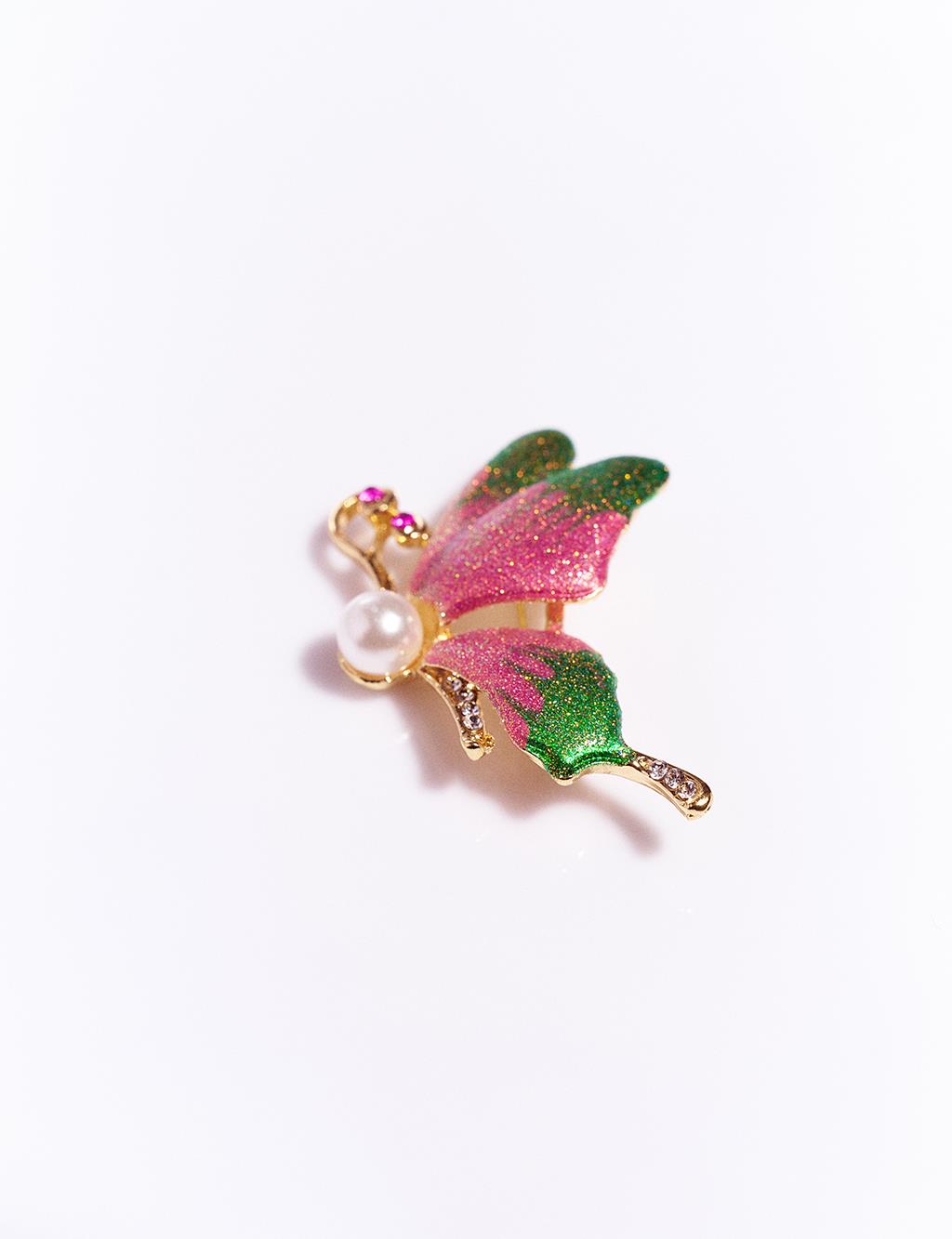 Pearl Detailed Butterfly Brooch Pink