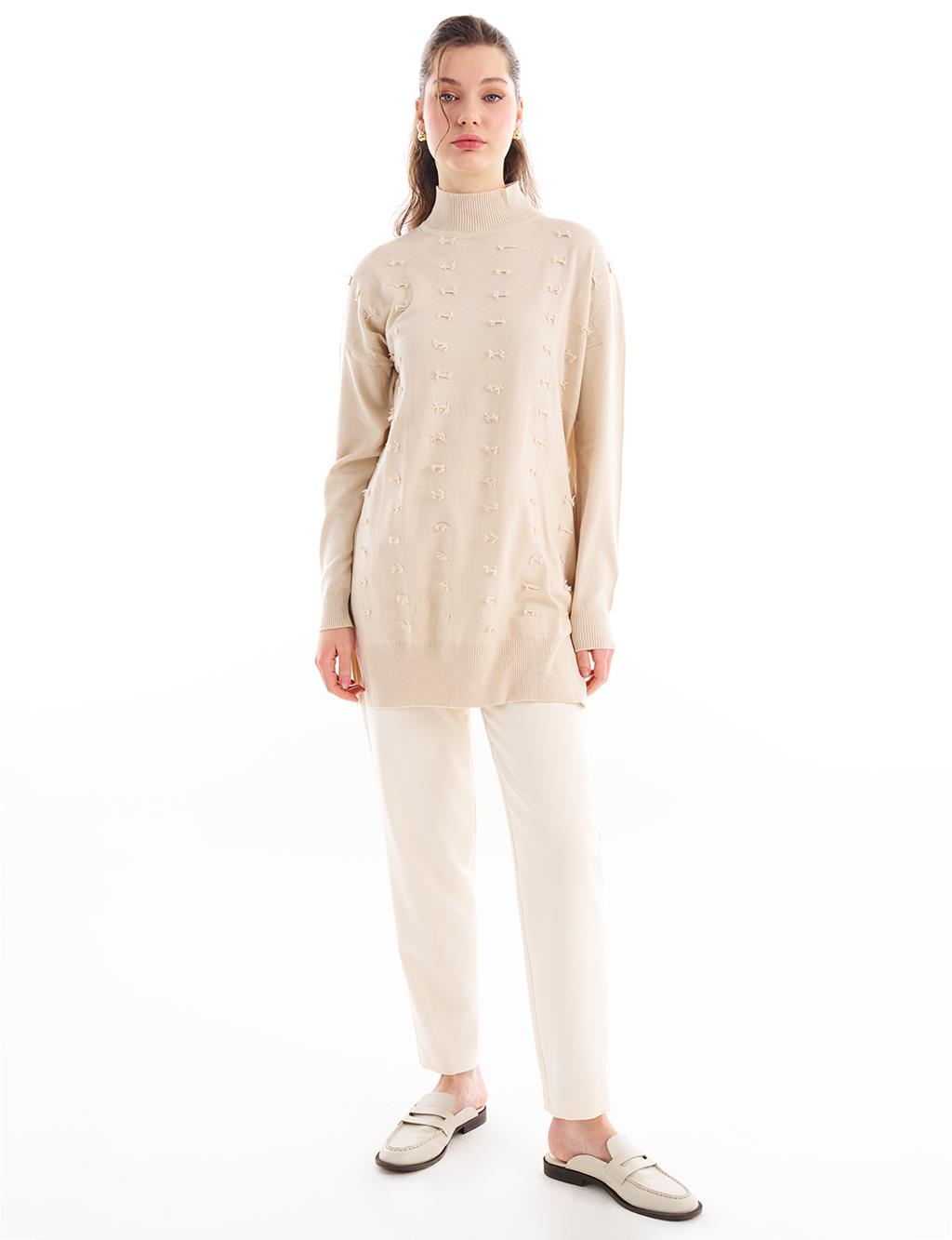 Decorative Tasseled Knitwear Tunic Beige