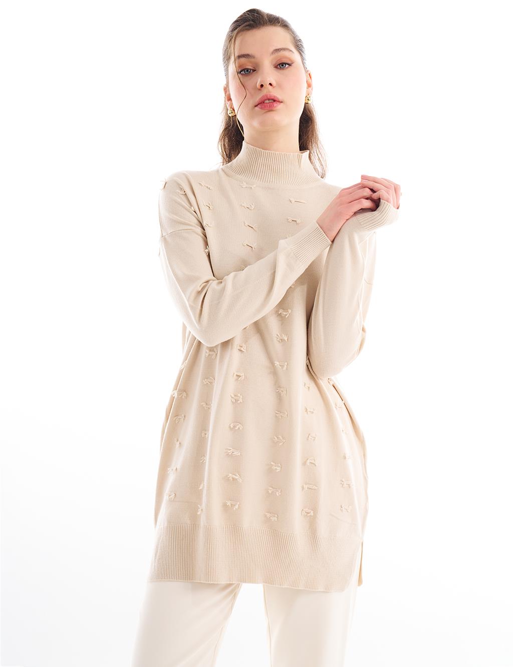 Decorative Tasseled Knitwear Tunic Beige