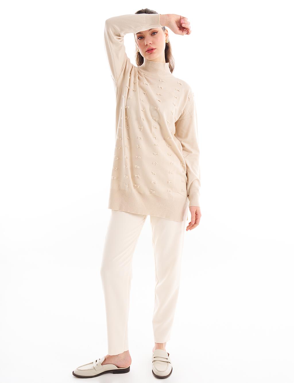 Decorative Tasseled Knitwear Tunic Beige