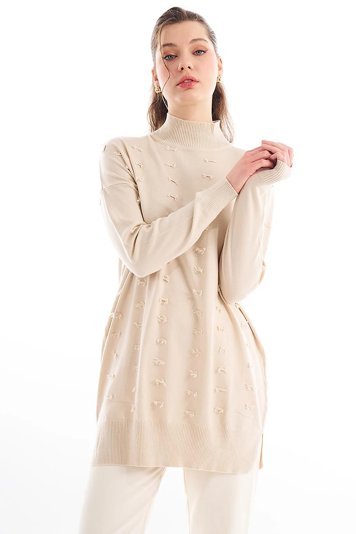Decorative Tasseled Knitwear Tunic Beige