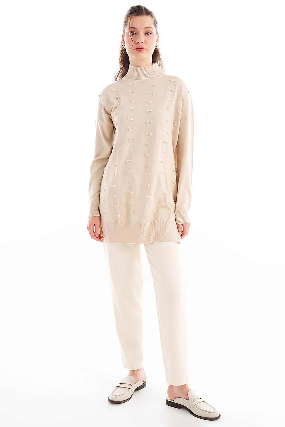 Decorative Tasseled Knitwear Tunic Beige