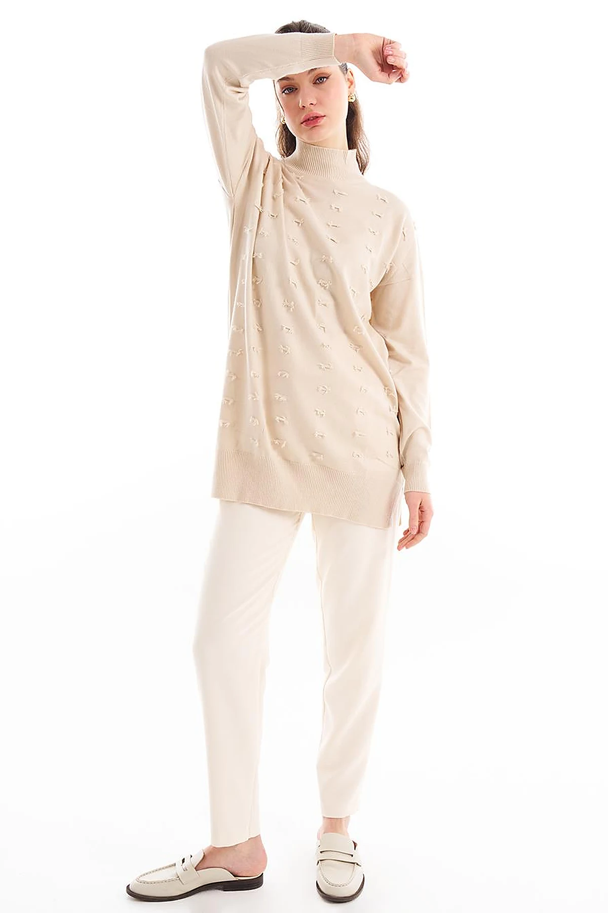 Decorative Tasseled Knitwear Tunic Beige