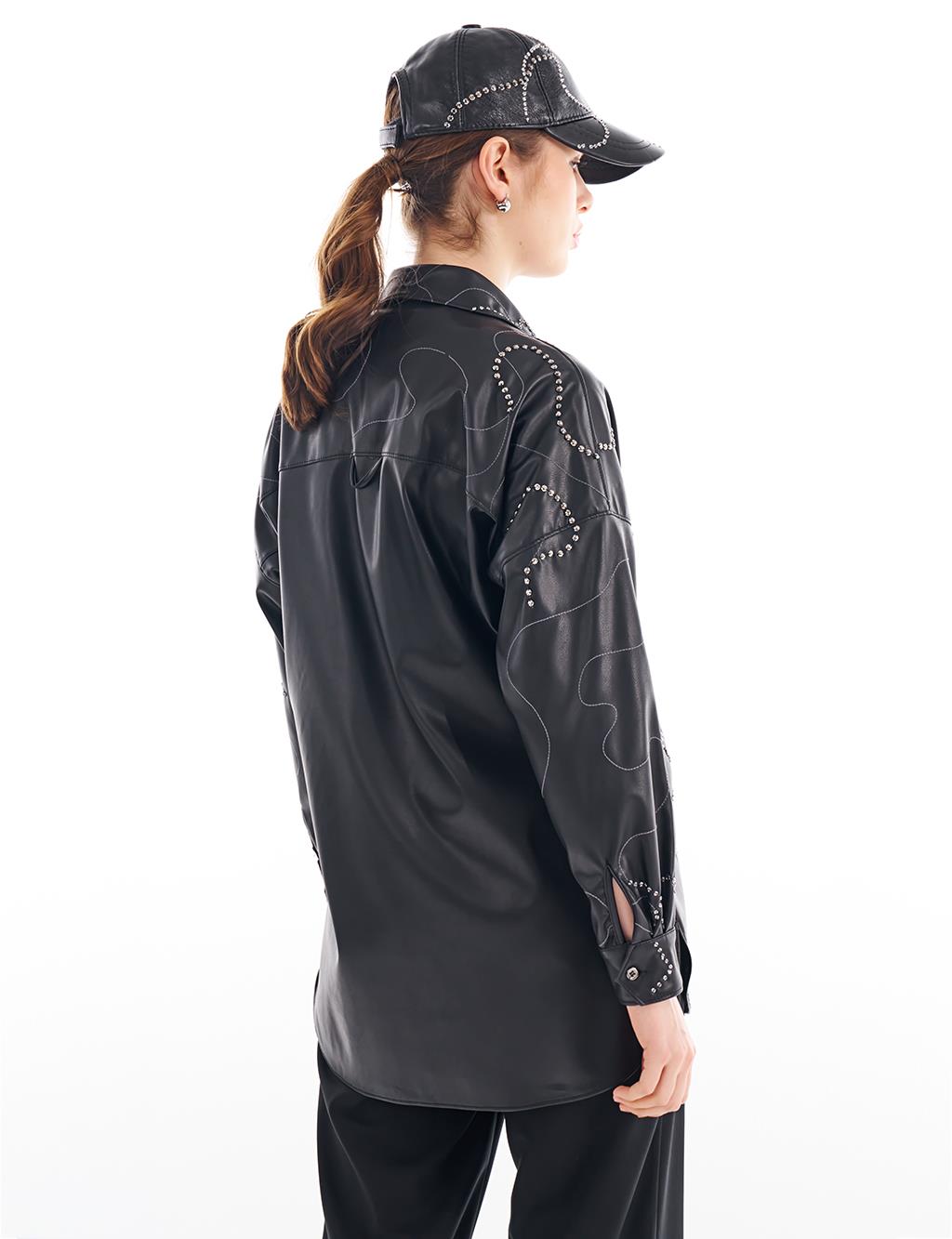 Shirt Collar Leather Tunic Black