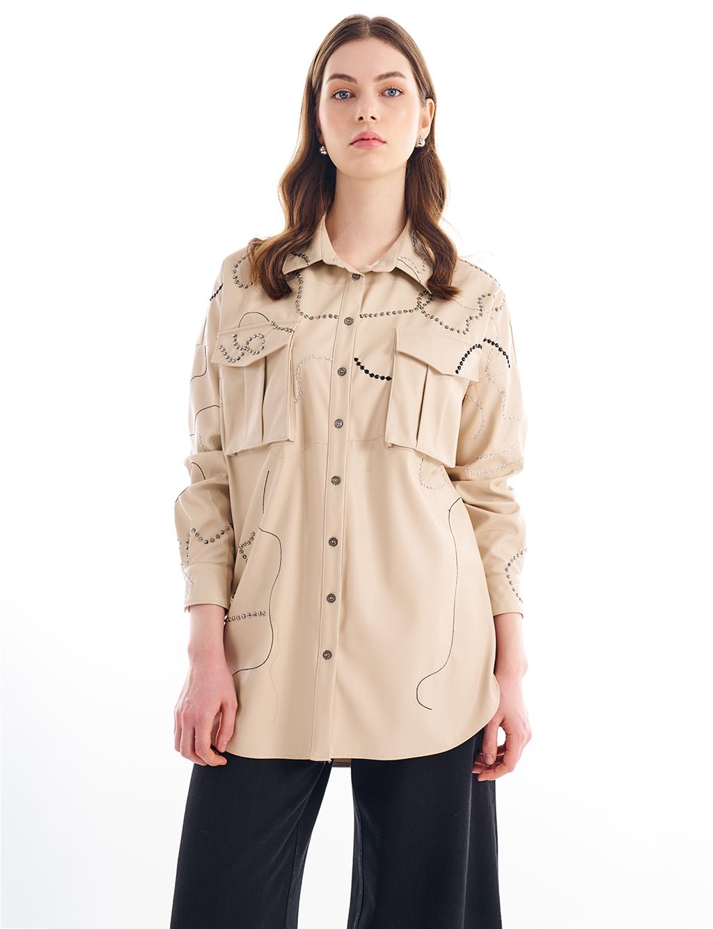 Shirt Collar Leather Tunic Sand Beige