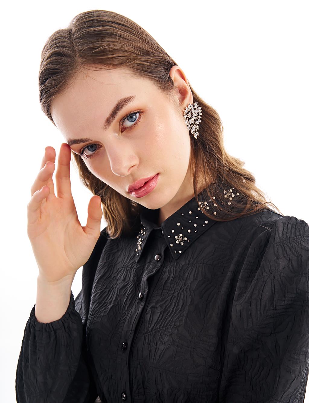 Stone Embroidered Collar Dress Black