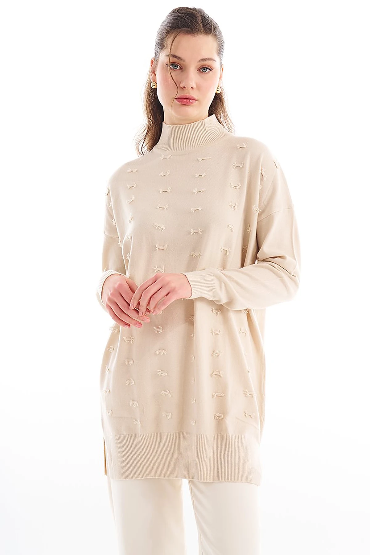 Decorative Tasseled Knitwear Tunic Beige