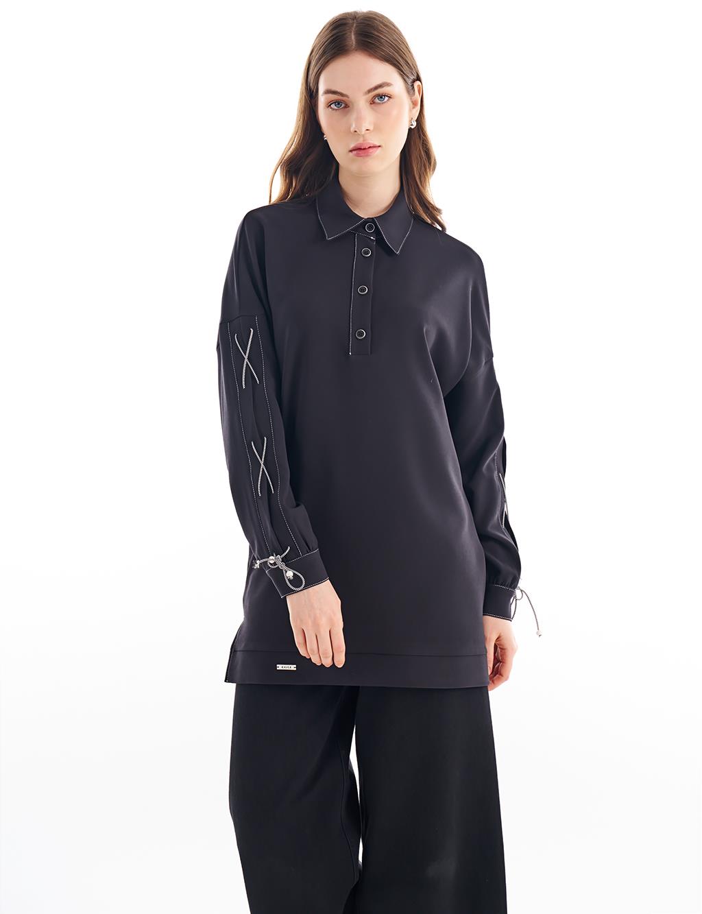 Shirt Collar Tunic with Lace Detail on Wrists Black