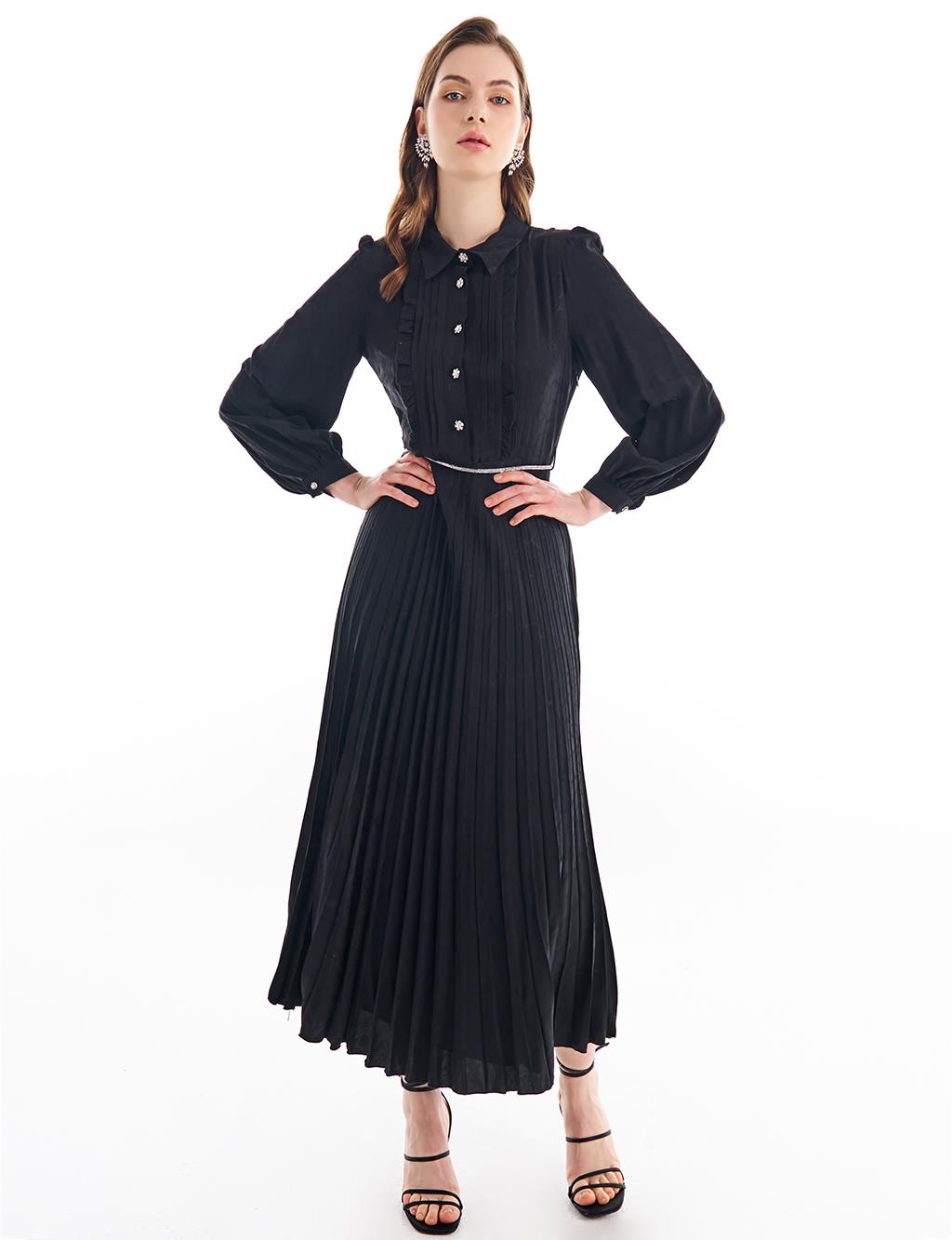 Belted Pleated Dress Black