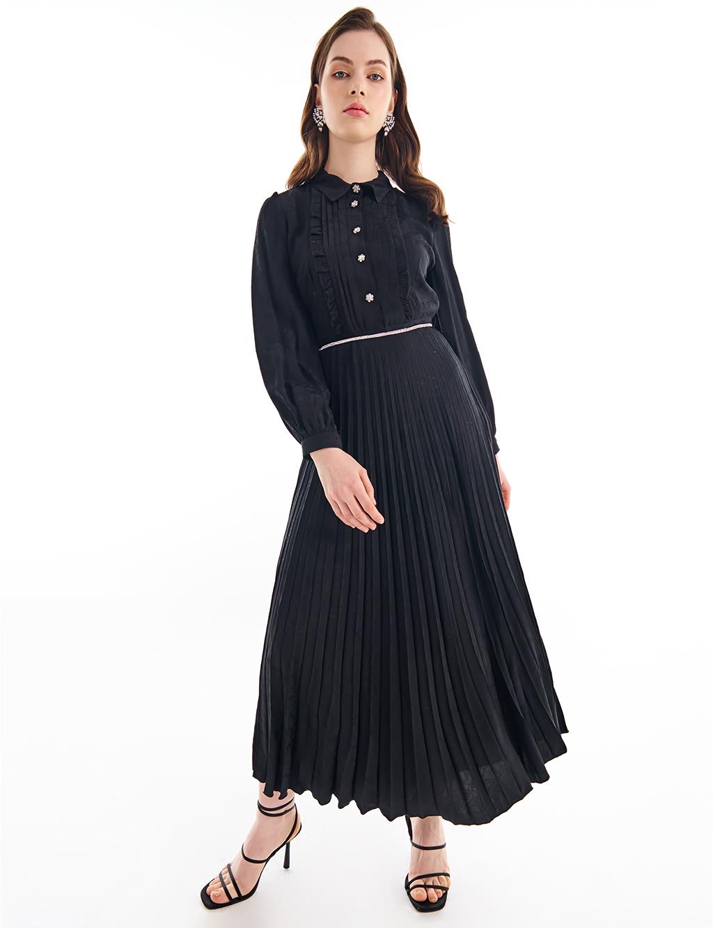 Belted Pleated Dress Black