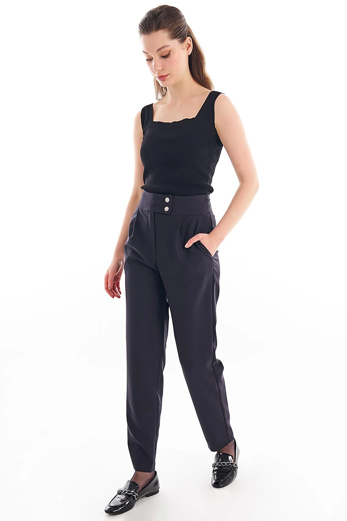 Double Button Carrot Pants Black