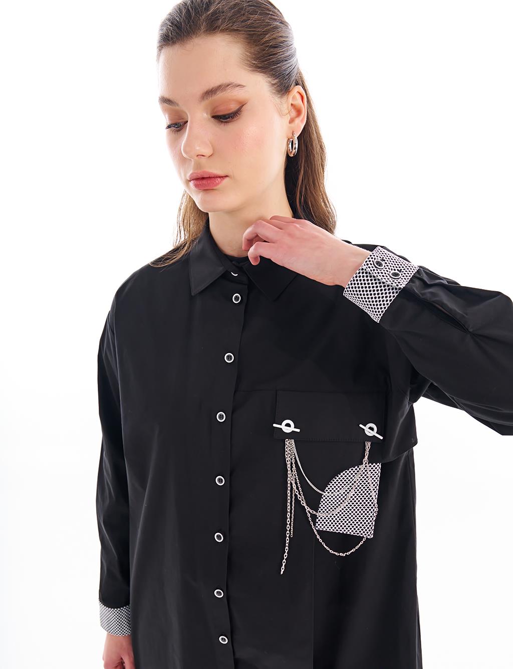 Aksesuar Detaylı Gömlek Yaka Bluz Siyah