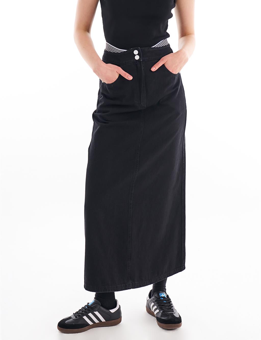 Elastic Waist Denim Skirt Black
