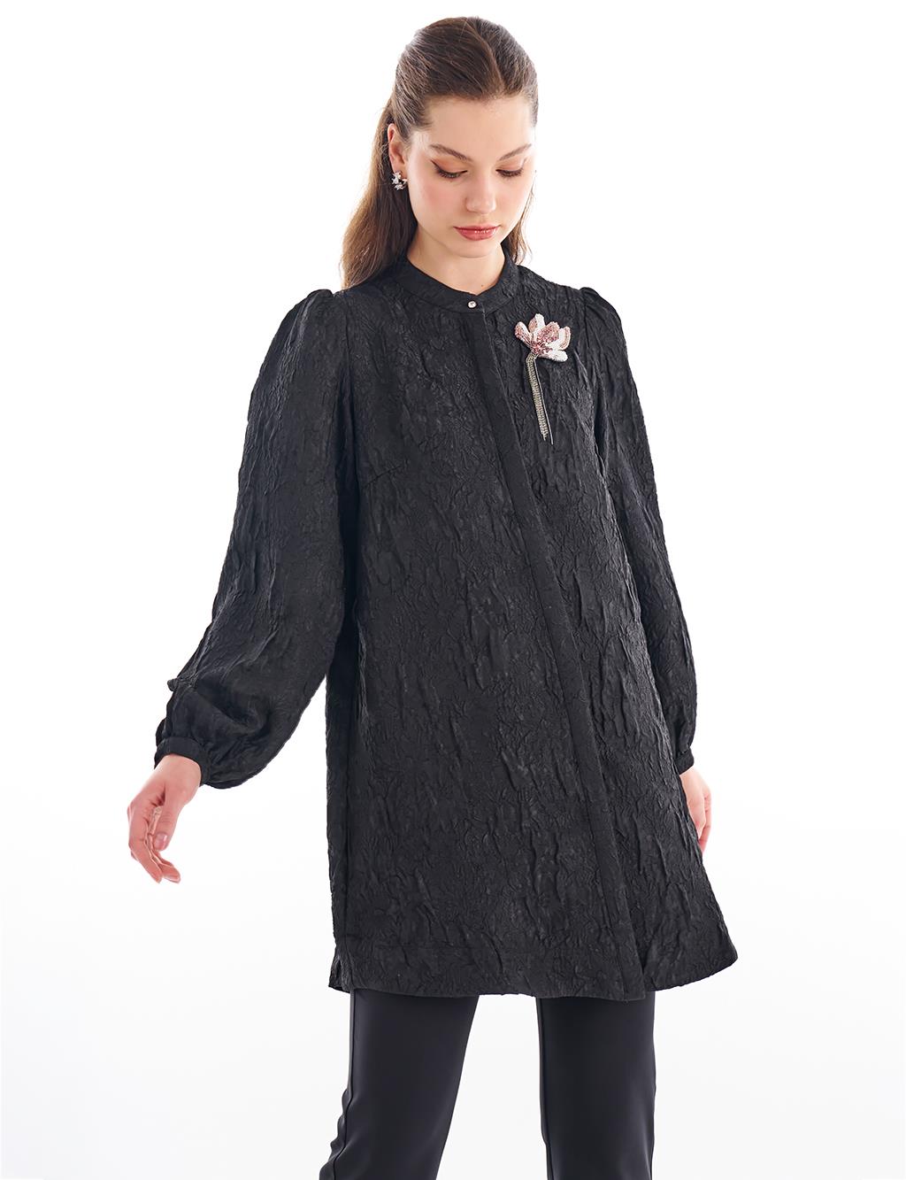Relief Patterned Crew Neck Tunic Black
