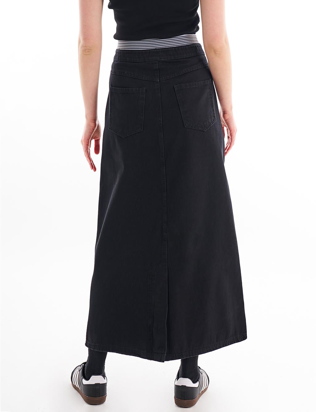 Elastic Waist Denim Skirt Black