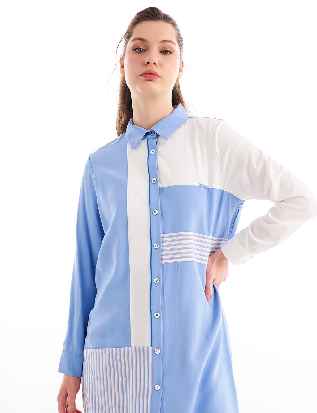 Fabric Mixed Shirt Collar Tunic Blue