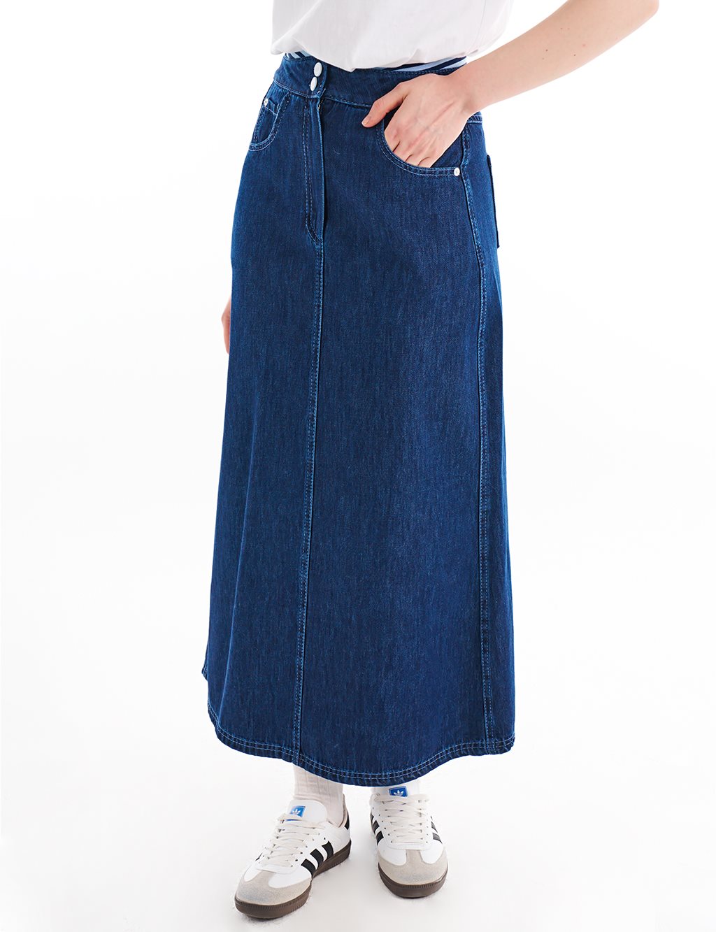 Elastic Waist Denim Skirt Navy Blue